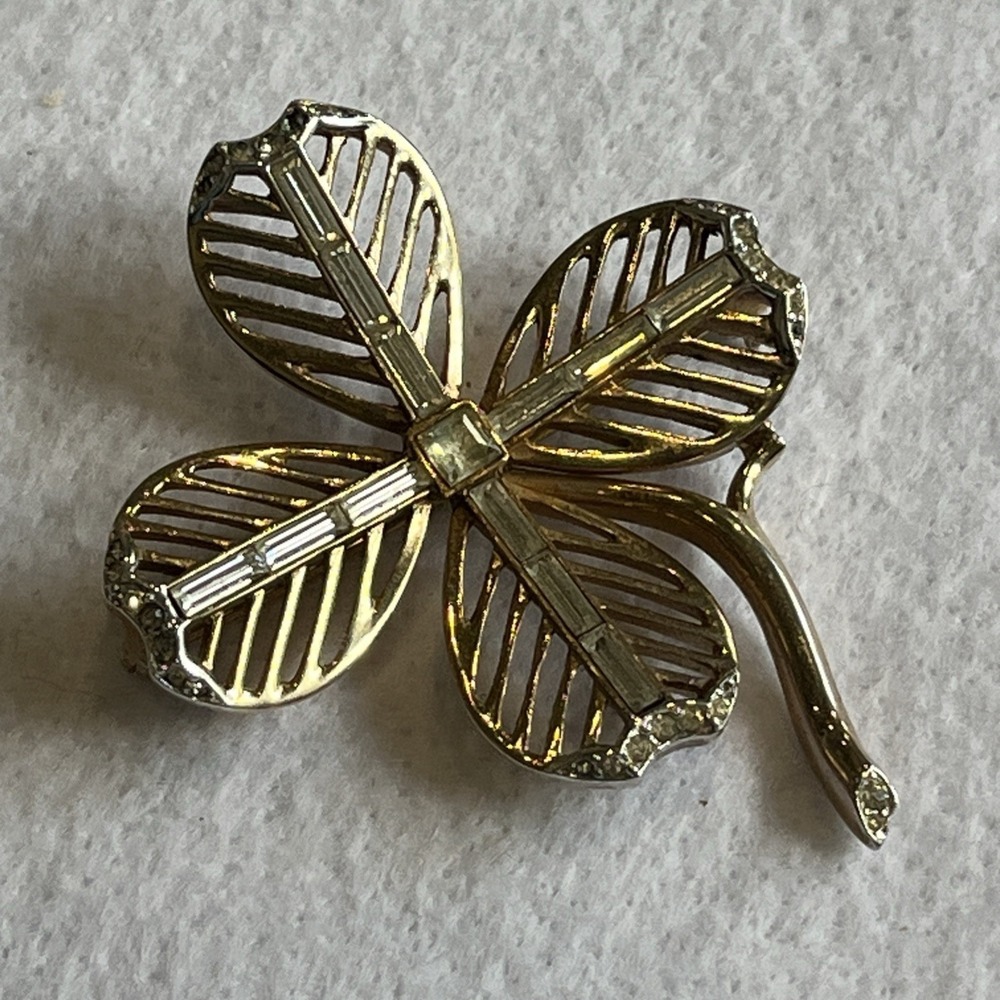 Vtg Trifari Alfred Phillippe Rhinestone 4 Leaf Clover Pin Shamrock Brooch
